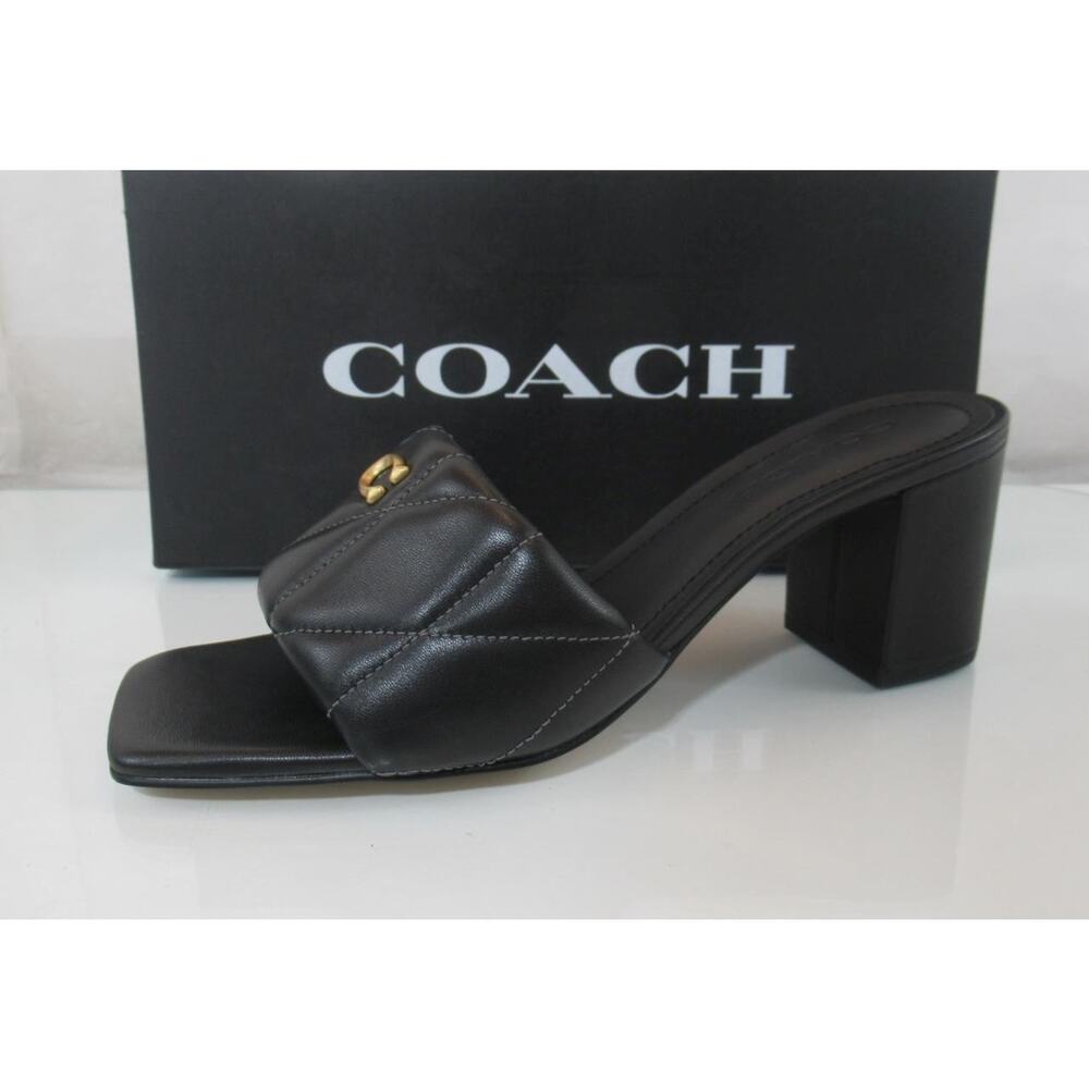 Coach Size 7.5 Holly Block Heel Dress Sandals Quilted Leather Slide Black - Picture 2 of 8